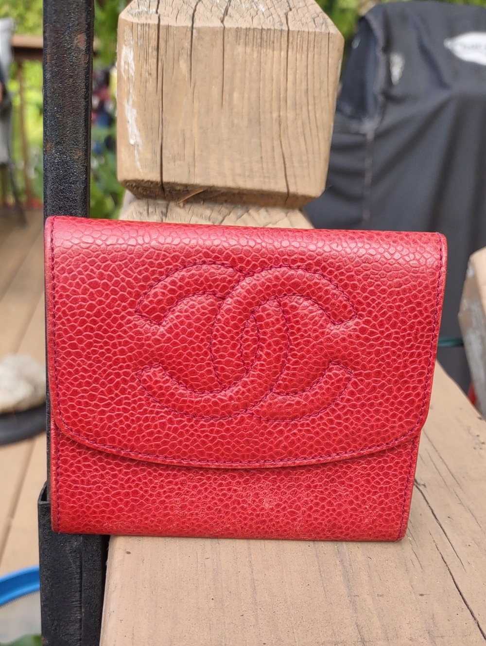 CHANEL Red Quilted CC Embossed Leather Coin Wallet.